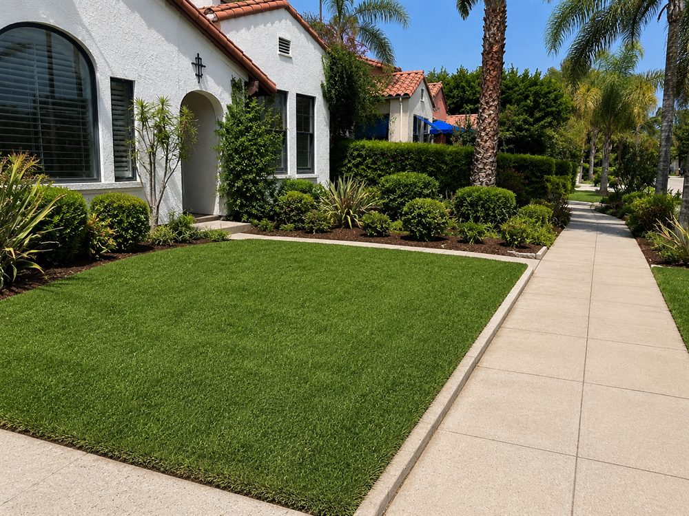 After Los Angeles lawn care with green grass and clean landscape borders